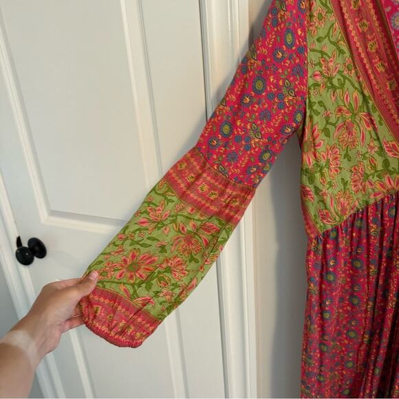 Anthropologie Raga Pink Green Floral Long Sleeve Boho Tassel Maxi Dress Sexy S - Picture 10 of 12